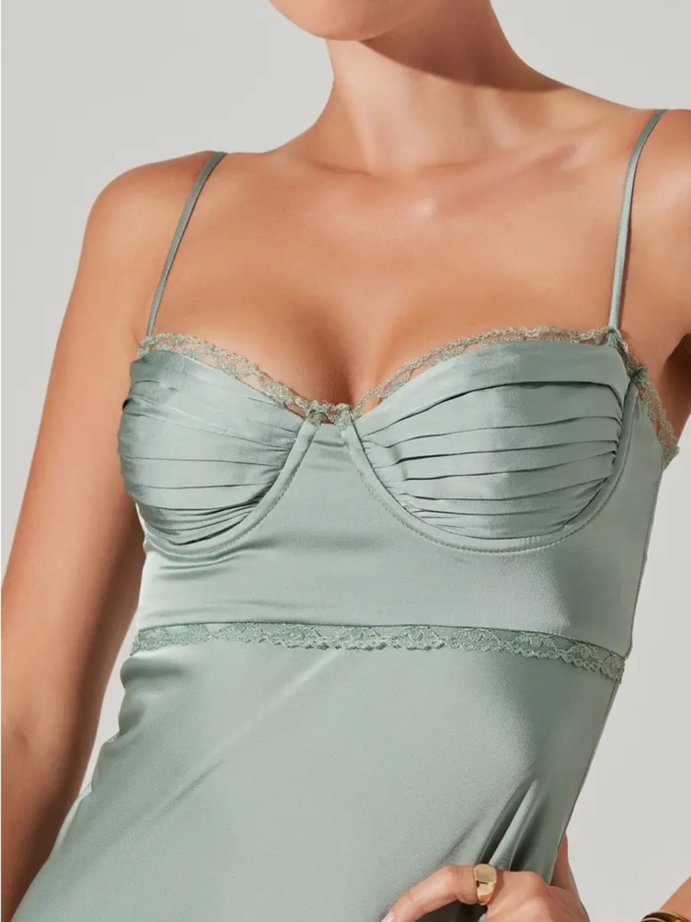 NWT ASTR The Label Florianne Lace Trim Satin Maxi Dress in Sage - Picture 5 of 5